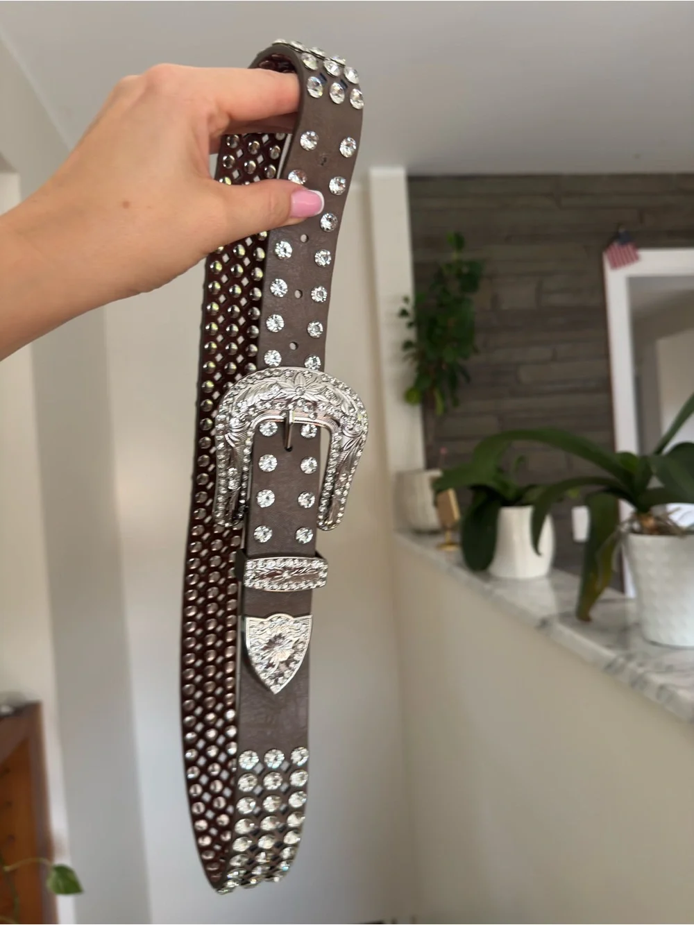 Women's Brown Leather Western Belt with Silver Crystal Buckle